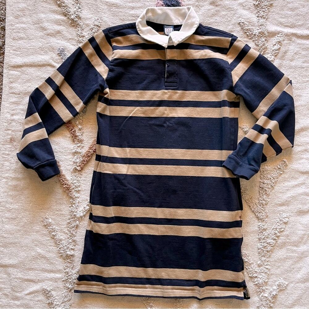 Old Navy ‘94 Reissue Tan Navy Rugby Shirt Dress pockets kids girls size L 10-12